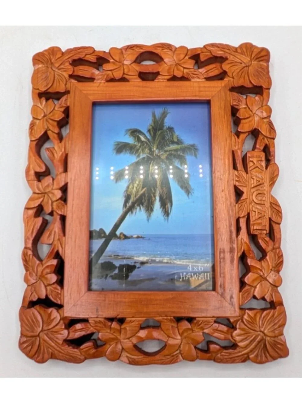 Vtg Hawaiian Kauai Island Hand Carved Wood Frame Floral Hibiscus Tropical 4x6